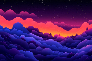 A colorful, pixelated sky with purple and blue clouds and a bright orange sun