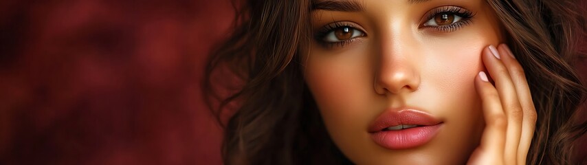 Naklejka premium Serene Hispanic Woman with Wavy Brown Hair Touching Locks on Burgundy Background - Lifestyle Photography Close-Up
