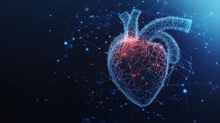 high-tech healthcare innovation with 3d digital human heart low-poly wireframe in blue medical anatomy polygon mesh cardiology technology for diagnostics futuristic system