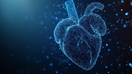 3d digital heart render with polygon mesh wireframe in blue healthcare technology concept low-poly human heart anatomy and advanced medical innovation futuristic diagnostics system