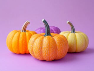 Fototapeta premium Colorful pumpkins in orange, yellow, and purple shades on a purple background, creating a bright and festive autumn scene