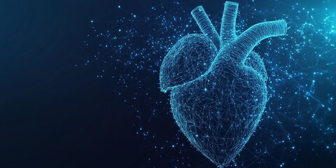 healthcare technology digital human heart 3d low-poly wireframe in blue futuristic cardiology and medical anatomy with advanced technology systems polygon mesh innovation render