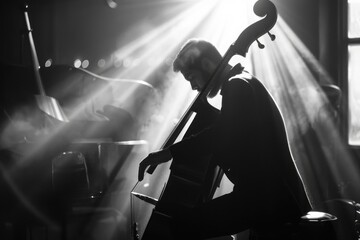 Fototapeta premium Silhouette of Cellist in Dramatic Lighting During Intimate Performance