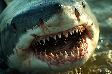 Obraz premium A close-up of a shark's open mouth showcasing sharp teeth and water droplets.