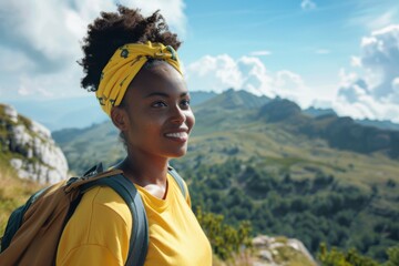 Naklejka premium Portrait of a young black woman hiking in beautiful scenery during summer