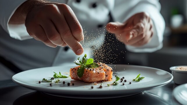 Hands, food or sprinkle on dish for fine dining, culinary school or luxury restaurant. Chef, healthy protein or spices on plate for seasoning, catering and hospitality for event in commercial kitchen