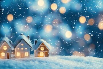 Naklejka premium Snowy Village of Illuminated Miniature Houses