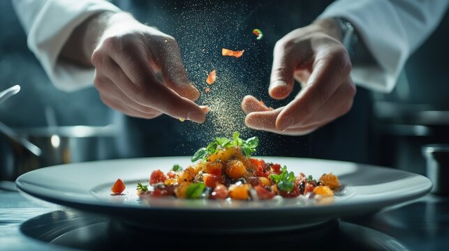 Hands, food or sprinkle on dish for fine dining, culinary school or luxury restaurant. Chef, healthy protein or spices on plate for seasoning, catering and hospitality for event in commercial kitchen