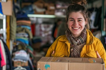Obraz premium Cheerful young woman holding a box of donated items in a thrift store