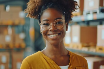 Fototapeta premium Happy young female Handling shipping and logistics in startup company office