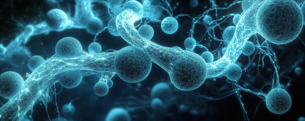 Bioluminescent fungal tendrils, intertwining and growing, with spores floating around in a glowing mist, forming an eerie abstract design