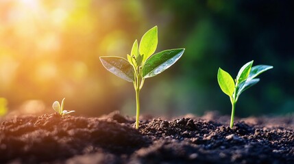 planting forests and trees with small green plant seedlings sprouting in sunlight promoting growth and eco-friendly reforestation projects for environmental sustainability and conservation