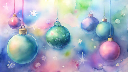 Colorful Christmas ornaments hanging on a festive background with dreamy watercolor effect