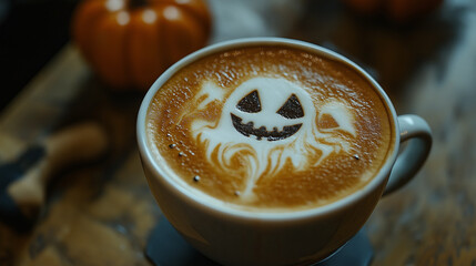 Close up of a latte with Halloween themed latte art, like a pumpkin or ghost