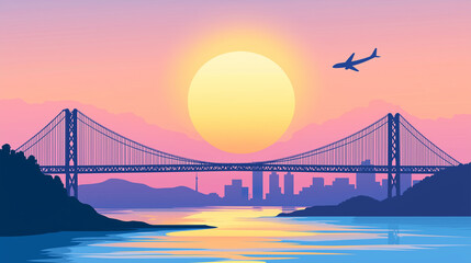 Obraz premium Modern Simplicity: A Suspension Bridge and Peaceful Sunset Over Blue Waters