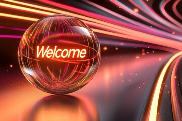 Radiant welcome sign with glowing crystal ball on abstract neon background