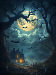 A haunted house in the dark night Halloween-themed background