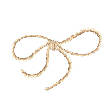 Rope twisted in bow. Hand drawn watercolor illustration isolated of background. Marine cord or string of hemp. Fiber of burlap. Nautical style clipart for card, creativity, craft, decoration, print.