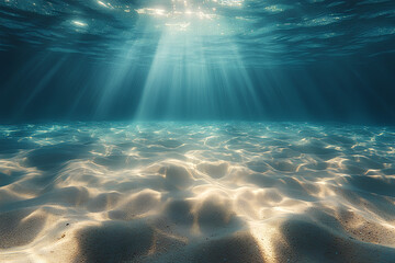 Underwater scene with sunlight filtering through water, illuminating sandy ocean floor.