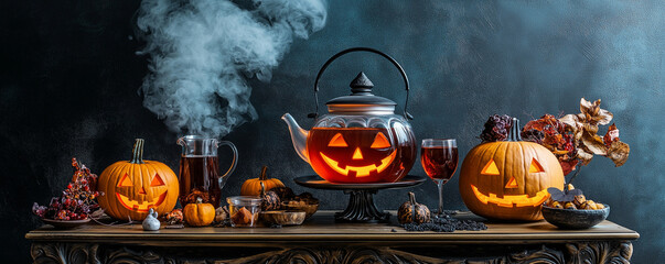 Tea trolley styled with Halloween decorations and filled with various tea blends and spooky treats