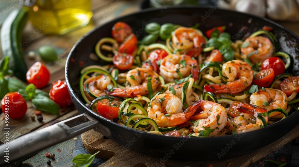 Poster delicious shrimp stir-fry with fresh vegetables in a skillet. this vibrant dish features juicy shrim