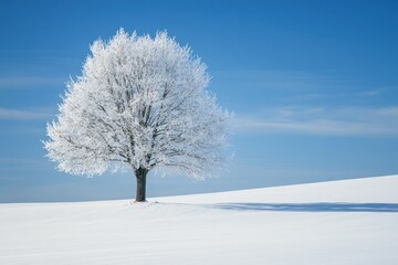 Fototapeta premium A Lone Frosty Tree in a Snowy Field Under a Blue Sky