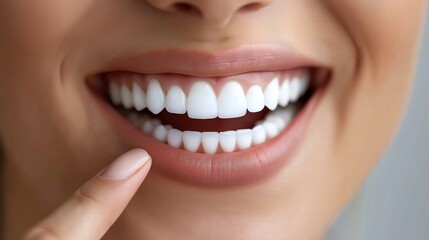 Obraz premium A woman with a white smile showing her teeth. Concept of happiness and confidence