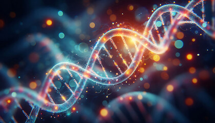 A DNA double helix structure against a blurred colorful background. The DNA strands are depicted with glowing vibrant colors showcasing the nucleotide bases and phosphate backbone