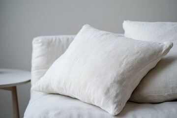 Obraz premium a pair of textured linen cushions in soft, neutral tones, arranged neatly on a minimalist sofa.