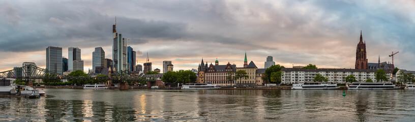 Frankfurt Germany, sunset panorama city skyline at Main River and business skyscraper