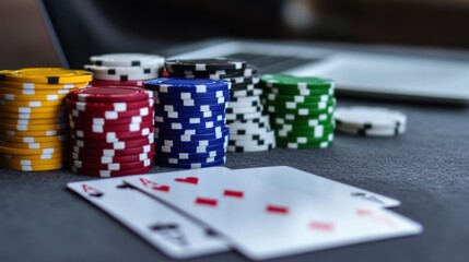 Grey table featuring poker chips, playing cards, and a laptop,