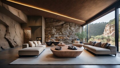 Fototapeta premium Modern minimalist living space with natural stone walls and a cave-like ceiling. A sleek couch and lounge chairs are positioned in the center of the room.