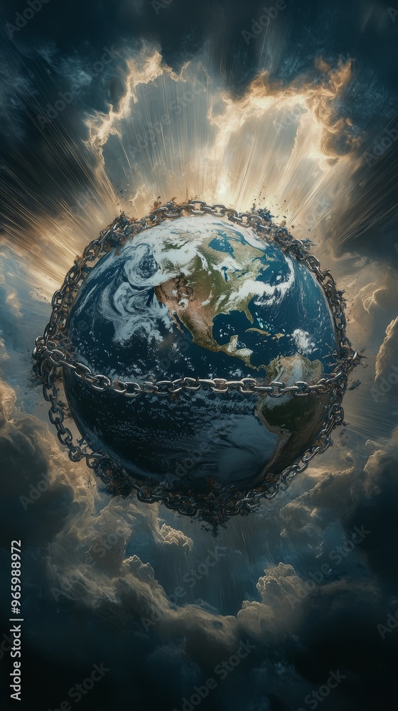 Poster a chained earth radiating light from behind clouds, symbolizing a global crisis or pandemic affectin