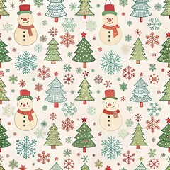 Christmas pattern with snowmen, trees, and snowflakes on a light background