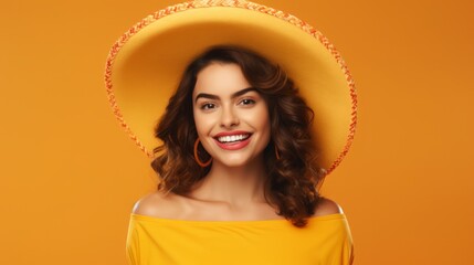 Beautiful attractive stylish woman in yellow dress and straw hat posing on yellow background. Neural network ai generated art