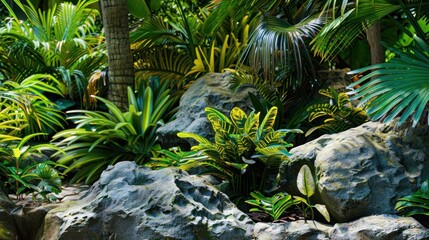 Obraz premium Tropical plants and rocks in a landscape setting.