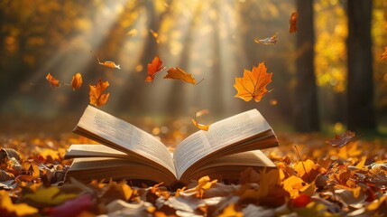 An open book lying on a bed of golden autumn leaves