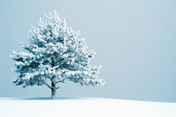 A Single Snow-Covered Pine Tree in a Winter Landscape