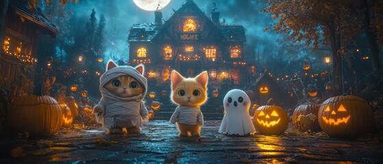 Group of pets dressed in Halloween costumes in front of a haunted house