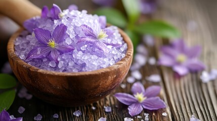 Purple Clematis Spa Salt for Aromatherapy with selective focus ideal for a calming spa experience with copy space