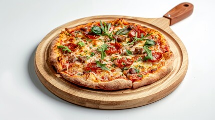 Delicious pizza on a wooden cutting board, topped with fresh ingredients. A perfect meal for gatherings or sharing. Enjoy the vibrant colors and appetizing look of this dish. AI