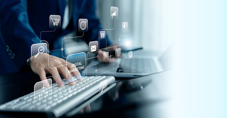 Businesswomen use laptop to make digital marketing, online selling, promotion of brand to connect potential customers via internet and digital communication, email, social media, web-based advertising