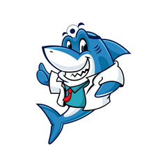 Naklejka premium Friendly cartoon shark doctor mascot character giving a thumbs up.