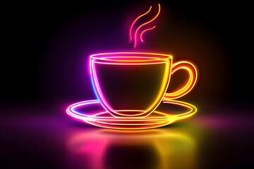 Neon glowing coffee cup illustration isolated on black background