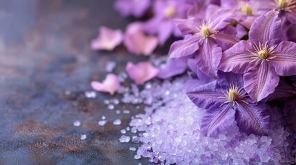 Purple Clematis Spa Salt for Aromatherapy with selective focus ideal for a calming spa experience with copy space