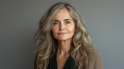 Fototapeta premium A woman with long hair and a black jacket. She is smiling. Scene is happy and friendly