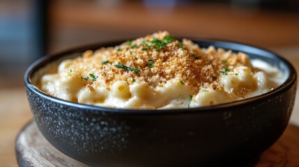 Warm bowl of creamy mac and cheese, with golden breadcrumbs on top, rich and comforting, perfect for a cozy meal