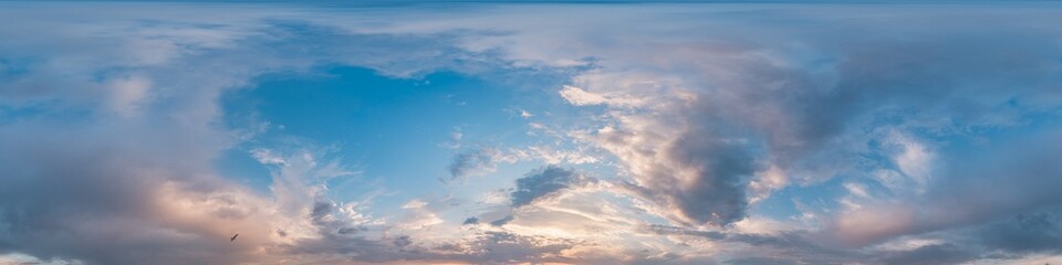 Sunset sky panorama with bright glowing pink Cumulus clouds. HDR 360 seamless spherical panorama. Full zenith or sky dome in 3D, sky replacement for aerial drone panoramas. Climate and weather change.