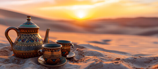 Traditional coffee set at sunrise in the desert with ornate pottery and intricate designs
