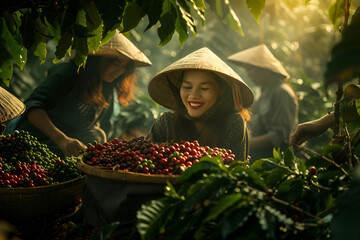 Women joyfully harvesting ripe coffee cherries under the morning sun on the plantation